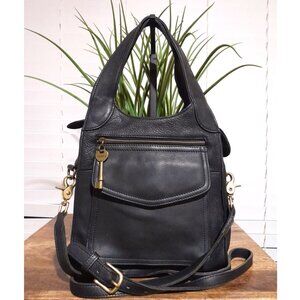 Vintage Leather 5 Compartment Fossil Black Saddle Crossbody Bag Black Gold